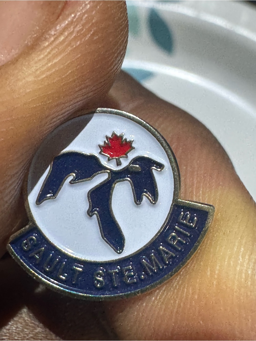 Sault Ste. Marie Enamel Logo Pin - White, Navy & Red